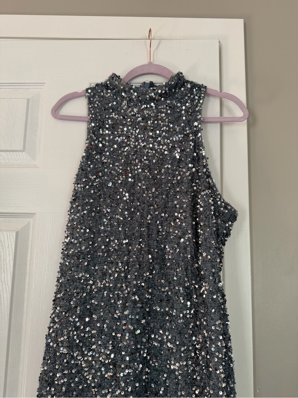 Fashion Nova Grey Full Sequin Fur Maxi Dress Mock Neck - Picture 2 of 12